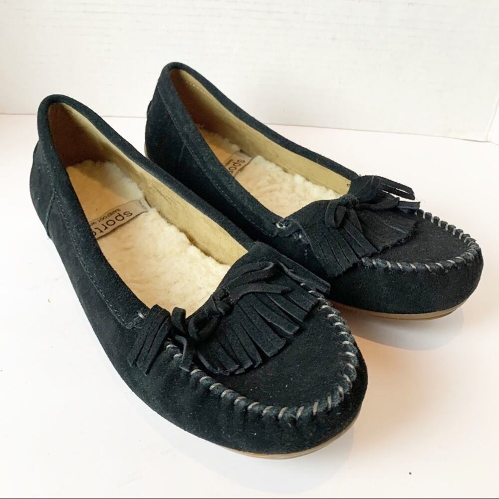 SZ 10 Sporto Black Suede Fringe Wool Lined Suede Loafers